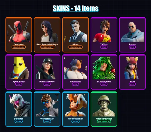 [PC/XBOX] | Deadpool | Gear Specialist Maya | Midas | TNTina | Brutus | 14 skin | 17 pickaxe | 17 emote | 20 glider | Lv340