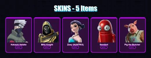 [PC/PSN] | Kakashi Hatake | Blitz Knight | Zoey (HUNTR/X) | Semibot | Pig the Butcher | 5 skin | 35 pickaxe | 18 emote | 19 glider | Lv300