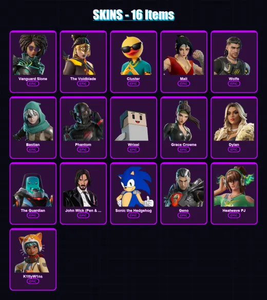 [PS4/PS5/XBOX/PC] | Vanguard Slone | The Voidblade | Cluster | Mali | Wolfe | 16 skin | 25 pickaxe | 16 emote | 23 glider | Lv195
