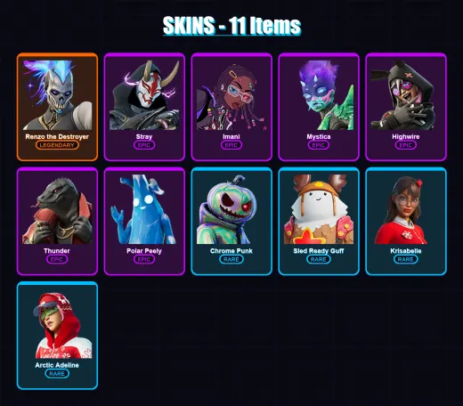 [PS4/PS5/XBOX/PC] | Renzo the Destroyer | Stray | Imani | Mystica | Highwire | 11 skin | 25 pickaxe | 26 emote | 24 glider | Lv423