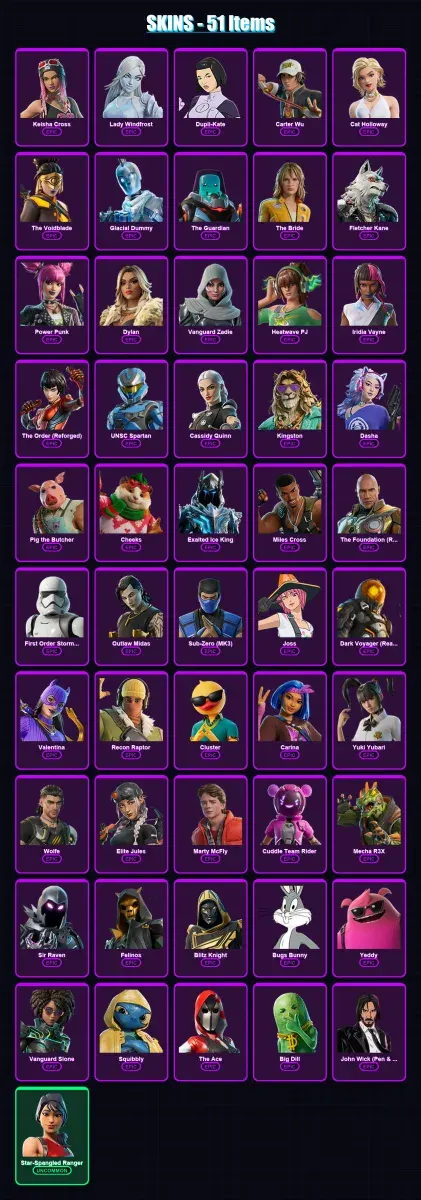 [PC/PSN] | Keisha Cross | Lady Windfrost | Dupli-Kate | Carter Wu | Cat Holloway | 51 skin | 109 pickaxe | 62 emote | 74 glider | Lv1742