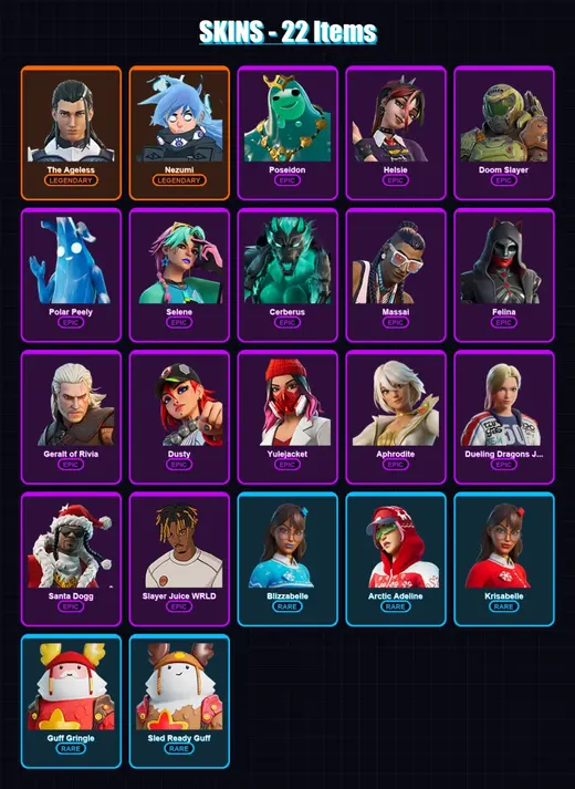 [PS4/PS5/XBOX/PC] | The Ageless | Nezumi | Poseidon | Helsie | Doom Slayer | 22 skin | 48 pickaxe | 31 emote | 39 glider | Lv1001