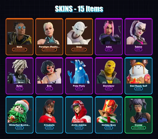 [PS4/PS5/XBOX/PC] | Malik | Paradigm (Reality-659) | Snap | Adira | Sabina | 15 skin | 36 pickaxe | 25 emote | 31 glider | Lv450