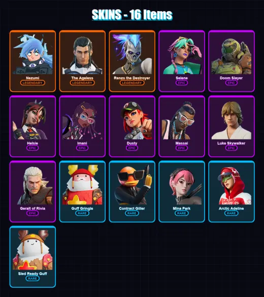 [PC/XBOX] | Nezumi | The Ageless | Renzo the Destroyer | Selene | Doom Slayer | 16 skin | 20 pickaxe | 20 emote | 19 glider | Lv173