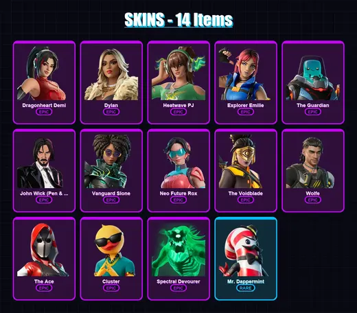 [PC/XBOX/PSN] | Dragonheart Demi | Dylan | Heatwave PJ | Explorer Emilie | The Guardian | 14 skin | 17 pickaxe | 15 emote | 18 glider | Lv230 — Game account