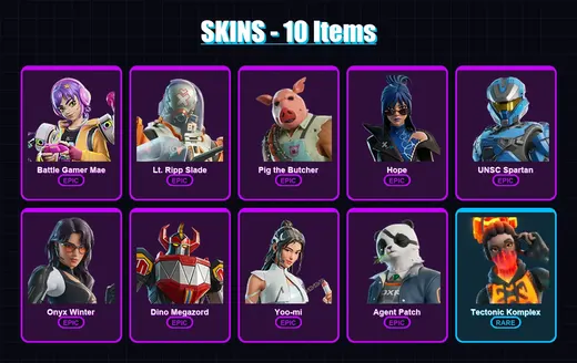 [PC/XBOX/PSN] | Battle Gamer Mae | Lt. Ripp Slade | Pig the Butcher | Hope | UNSC Spartan | 10 skin | 57 pickaxe | 25 emote | 34 glider | Lv647