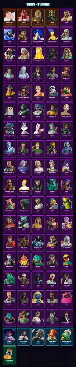 [PC/XBOX] | Peter Griffin | Valeria | Zeus | Hades | Dylan | 91 skin | 137 pickaxe | 93 emote | 96 glider | Lv1207