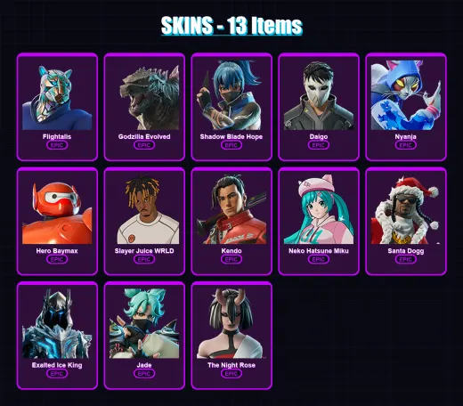 [PC/XBOX/PSN] | Flightalis | Godzilla Evolved | Shadow Blade Hope | Daigo | Nyanja | 13 skin | 26 pickaxe | 21 emote | 19 glider | Lv176
