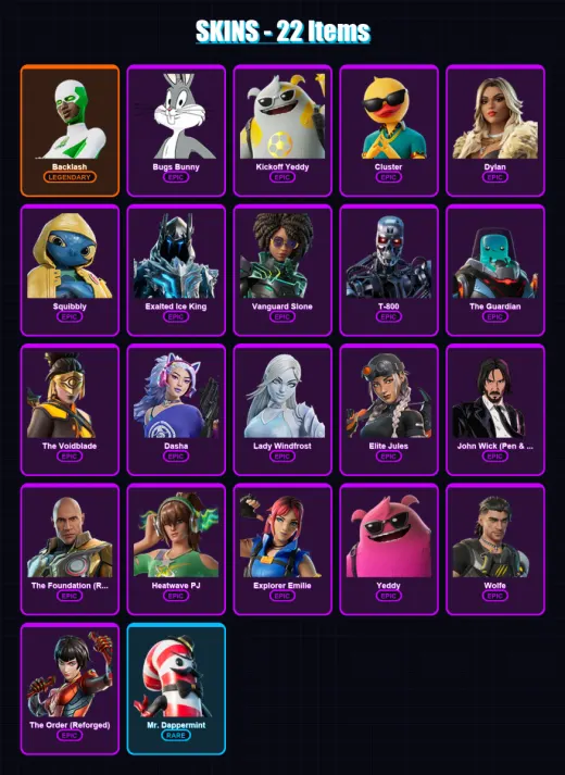 [PC/PSN] | Backlash | Bugs Bunny | Kickoff Yeddy | Cluster | Dylan | 22 skin | 39 pickaxe | 25 emote | 33 glider | Lv578