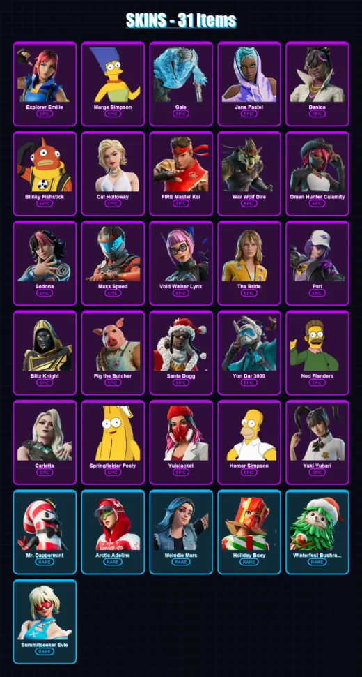 [PC/PSN] | Explorer Emilie | Marge Simpson | Gale | Jana Pastel | Danica | 31 skin | 71 pickaxe | 34 emote | 44 glider | Lv521