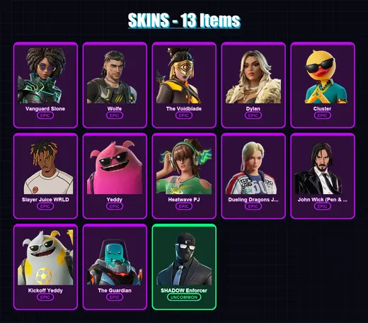 [PC/XBOX] | Vanguard Slone | Wolfe | The Voidblade | Dylan | Cluster | 13 skin | 32 pickaxe | 23 emote | 28 glider | Lv383