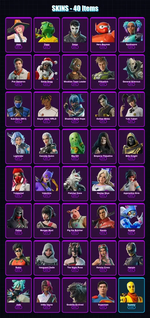 [PS4/PS5/XBOX/PC] | Joss | Ziggy | Daigo | Hero Baymax | Synthwave | 40 skin | 112 pickaxe | 62 emote | 77 glider | Lv1211
