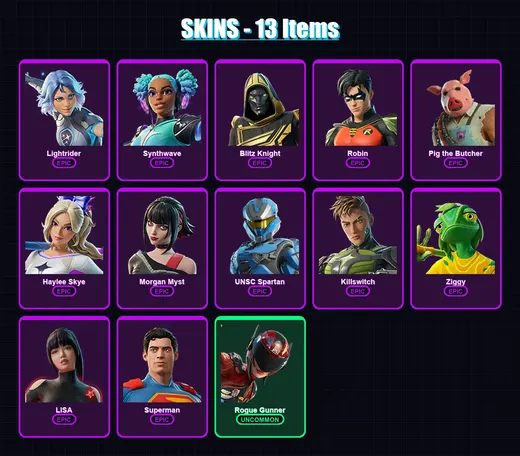 [PC/XBOX/PSN] | Lightrider | Synthwave | Blitz Knight | Robin | Pig the Butcher | 13 skin | 54 pickaxe | 29 emote | 34 glider | Lv524