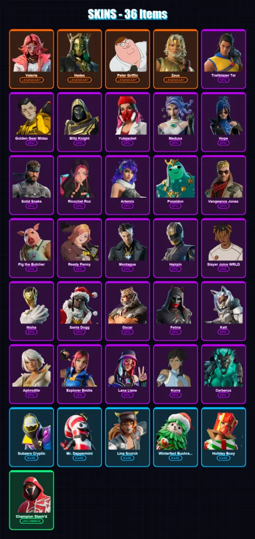 [PC] | Valeria | Hades | Peter Griffin | Zeus | Trailblazer Tai | 36 skin | 105 pickaxe | 58 emote | 70 glider | Lv1813
