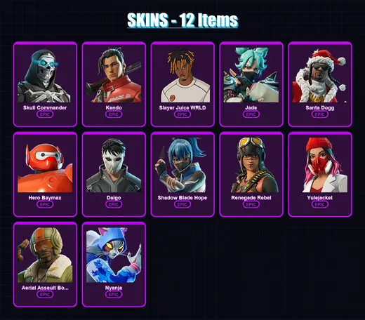 [PC/XBOX/PSN] | Skull Commander | Kendo | Slayer Juice WRLD | Jade | Santa Dogg | 12 skin | 22 pickaxe | 15 emote | 17 glider | Lv155