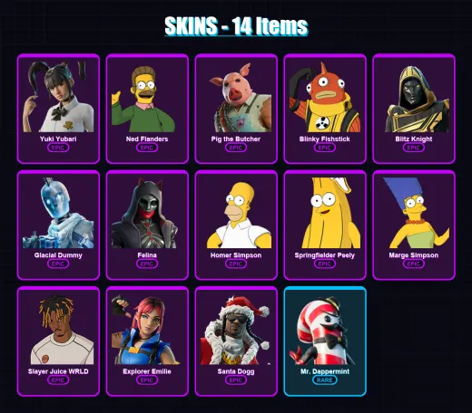 [PC/XBOX/PSN] | Yuki Yubari | Ned Flanders | Pig the Butcher | Blinky Fishstick | Blitz Knight | 14 skin | 50 pickaxe | 25 emote | 34 glider | Lv395