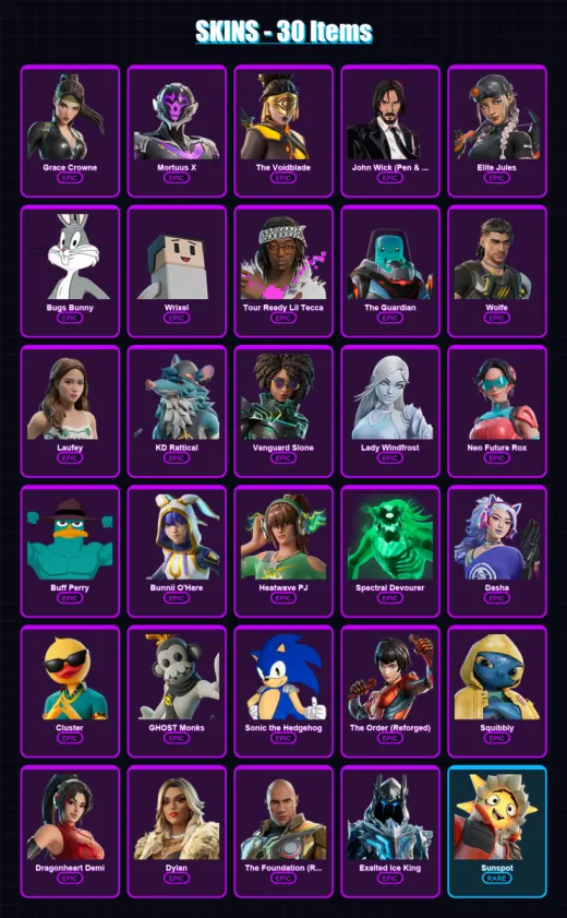 [PC/PSN] | Grace Crowne | Mortuus X | The Voidblade | John Wick (Pen & Ink) | Elite Jules | 30 skin | 66 pickaxe | 34 emote | 53 glider | Lv735