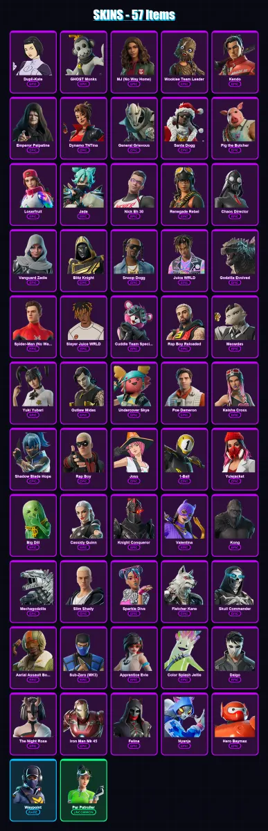 [PC/XBOX/PSN] | Dupli-Kate | GHOST Monks | MJ (No Way Home) | Wookiee Team Leader | Kendo | 57 skin | 103 pickaxe | 91 emote | 74 glider | Lv1286