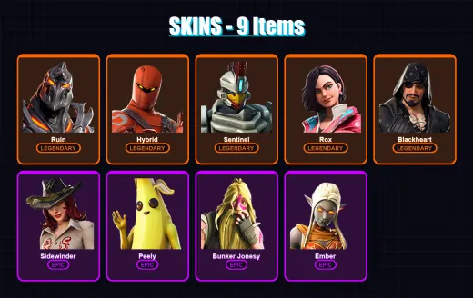 [PC/XBOX/PSN] | Ruin | Hybrid | Sentinel | Rox | Blackheart | 9 skin | 9 pickaxe | 18 emote | 14 glider | Lv145
