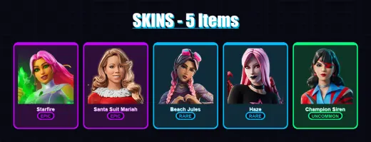 [PC/XBOX/PSN] | Starfire | Santa Suit Mariah | Beach Jules | Haze | Champion Siren | 5 skin | 4 pickaxe | 5 emote | 2 glider | Lv8