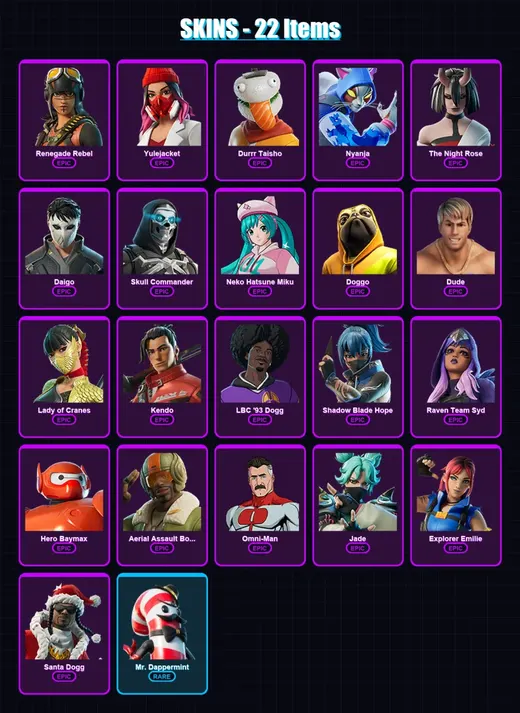 [PC/XBOX/PSN] | Renegade Rebel | Yulejacket | Durrr Taisho | Nyanja | The Night Rose | 22 skin | 49 pickaxe | 21 emote | 34 glider | Lv400 — Game account