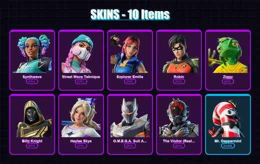 [PC/XBOX/PSN] | Synthwave | Street Wave Teknique | Explorer Emilie | Robin | Ziggy | 10 skin | 10 pickaxe | 8 emote | 11 glider | Lv48