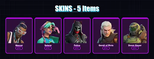 [PC/XBOX/PSN] | Massai | Selene | Felina | Geralt of Rivia | Doom Slayer | 5 skin | 13 pickaxe | 10 emote | 18 glider | Lv204