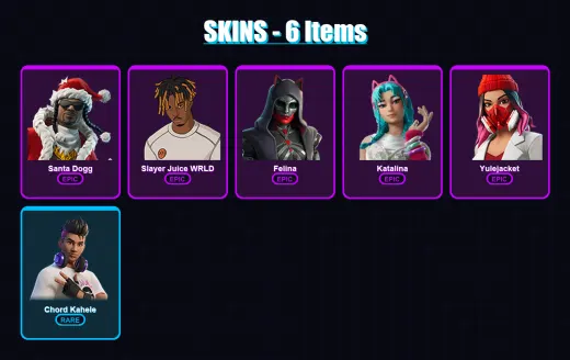 [PC/XBOX/PSN] | Santa Dogg | Slayer Juice WRLD | Felina | Katalina | Yulejacket | 6 skin | 22 pickaxe | 10 emote | 11 glider | Lv186
