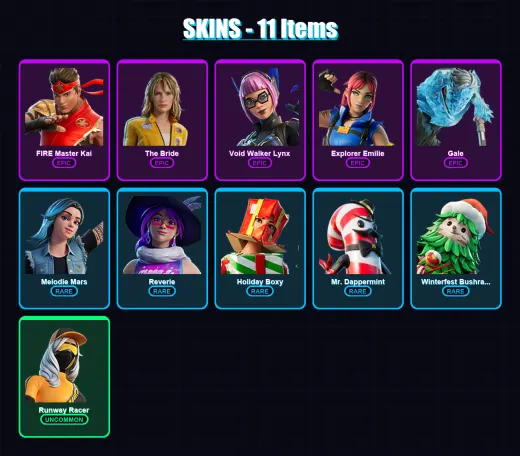 [PC/PSN] | FIRE Master Kai | The Bride | Void Walker Lynx | Explorer Emilie | Gale | 11 skin | 13 pickaxe | 6 emote | 7 glider | Lv108