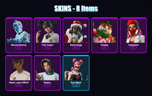 [PC/PSN] | Glacial Dummy | Yuki Yubari | Santa Dogg | Cheeks | Yulejacket | 8 skin | 64 pickaxe | 30 emote | 38 glider | Lv724