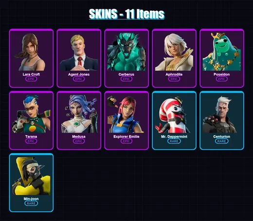 [PC/XBOX/PSN] | Lara Croft | Agent Jones | Cerberus | Aphrodite | Poseidon | 11 skin | 12 pickaxe | 10 emote | 9 glider | Lv141