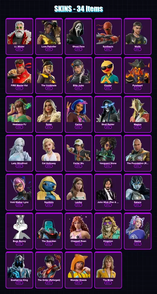 [PC/XBOX/PSN] | Lt. Winter | Luxe Patroller | Ghost Face | Synthesis | Wolfe | 34 skin | 46 pickaxe | 46 emote | 36 glider | Lv410