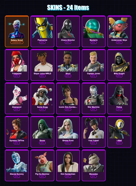 [PS4/PS5/XBOX/PC] | Galaxy Scout | Peelverine | Chaos Director | Mysterio | Undercover Skye | 24 skin | 111 pickaxe | 56 emote | 77 glider | Lv1586