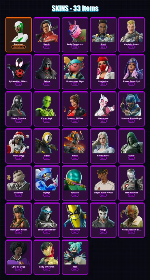 [PC/XBOX/PSN] | Backlash | Kendo | Andy Fangerson | Shuri | Captain Jones | 33 skin | 73 pickaxe | 42 emote | 43 glider | Lv732