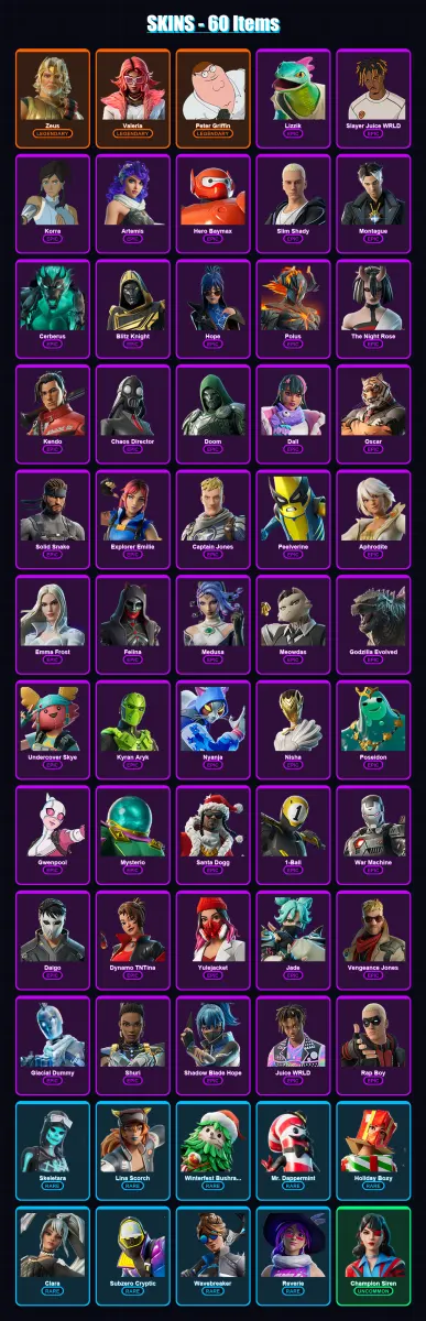 [PS4/PS5/XBOX/PC] | Zeus | Valeria | Peter Griffin | Lizzik | Slayer Juice WRLD | 60 skin | 98 pickaxe | 72 emote | 69 glider | Lv743