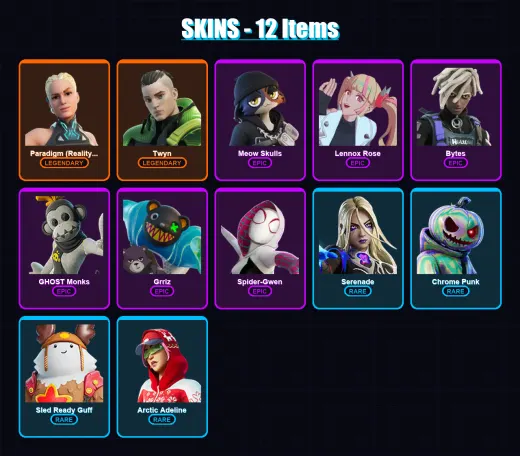 [PC/XBOX/PSN] | Paradigm (Reality-659) | Twyn | Meow Skulls | Lennox Rose | Bytes | 12 skin | 35 pickaxe | 22 emote | 32 glider | Lv808