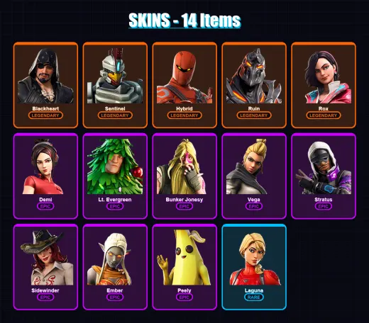 [PC/XBOX/PSN] | Blackheart | Sentinel | Hybrid | Ruin | Rox | 14 skin | 15 pickaxe | 22 emote | 21 glider | Lv226