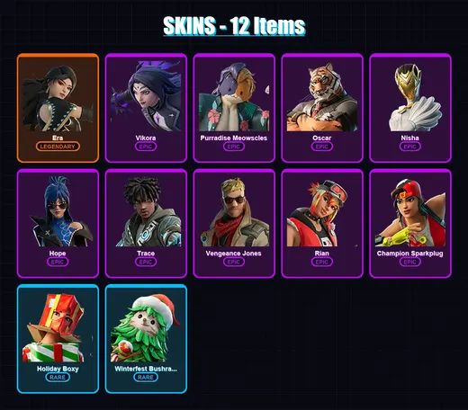 [PC] | Era | Vikora | Purradise Meowscles | Oscar | Nisha | 12 skin | 25 pickaxe | 18 emote | 26 glider | Lv406 — Game account
