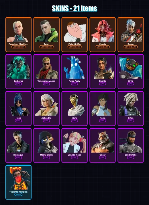 [PC/XBOX/PSN] | Paradigm (Reality-659) | Twyn | Peter Griffin | Valeria | Ronin | 21 skin | 37 pickaxe | 33 emote | 38 glider | Lv704