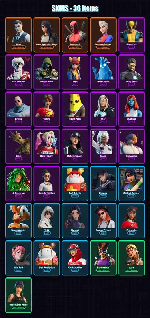 [PS4/PS5/XBOX/PC] | Midas | Gear Specialist Maya | Deadpool | Dynamo Dancer | Wolverine | 36 skin | 44 pickaxe | 37 emote | 41 glider | Lv797