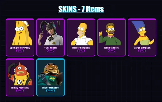 [PC/XBOX/PSN] | Springfielder Peely | Yuki Yubari | Homer Simpson | Ned Flanders | Marge Simpson | 7 skin | 24 pickaxe | 14 emote | 20 glider | Lv23