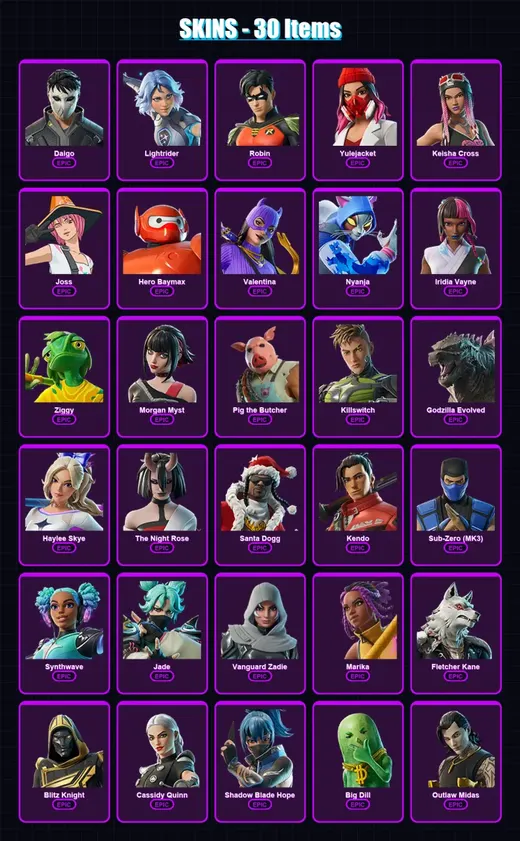 [PC/XBOX/PSN] | Daigo | Lightrider | Robin | Yulejacket | Keisha Cross | 30 skin | 68 pickaxe | 41 emote | 47 glider | Lv642