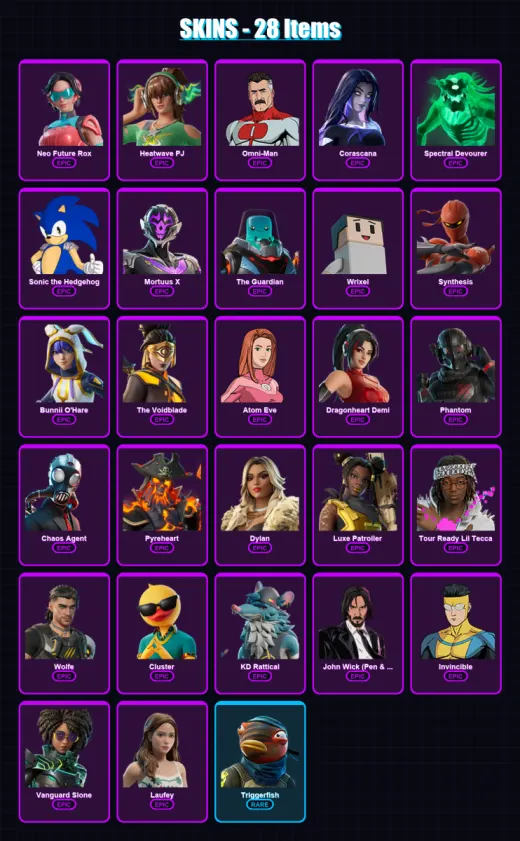 [PC/XBOX/PSN] | Neo Future Rox | Heatwave PJ | Omni-Man | Corascana | Spectral Devourer | 28 skin | 41 pickaxe | 25 emote | 25 glider | Lv485