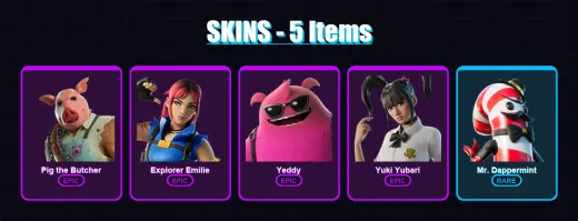[PC/PSN] | Pig the Butcher | Explorer Emilie | Yeddy | Yuki Yubari | Mr. Dappermint | 5 skin | 23 pickaxe | 12 emote | 19 glider | Lv156