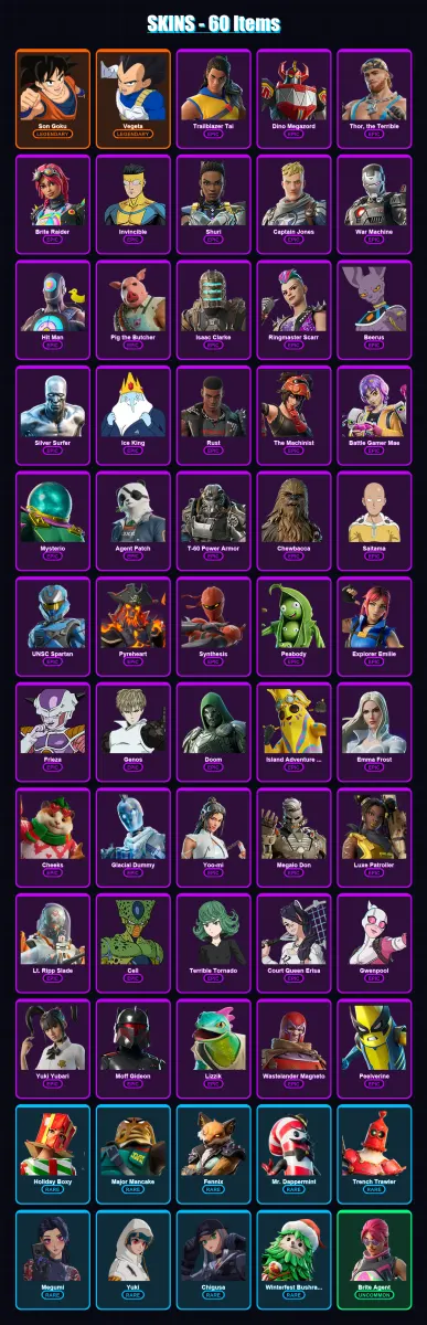 [PC/PSN] | Son Goku | Vegeta | Trailblazer Tai | Dino Megazord | Thor, the Terrible | 60 skin | 83 pickaxe | 62 emote | 56 glider | Lv717