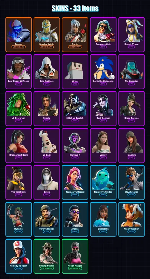 [PC/PSN] | Fusion | Spectra Knight | Ronin | Cameo vs Chic | Bunnii O'Hare | 33 skin | 35 pickaxe | 22 emote | 31 glider | Lv505