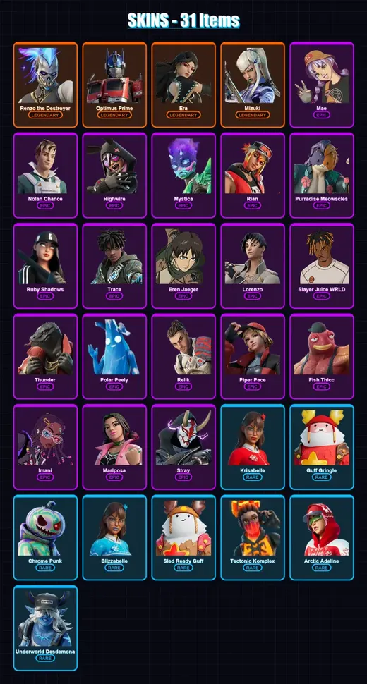 [PC/PSN] | Renzo the Destroyer | Optimus Prime | Era | Mizuki | Mae | 31 skin | 58 pickaxe | 54 emote | 51 glider | Lv1460 — Game account