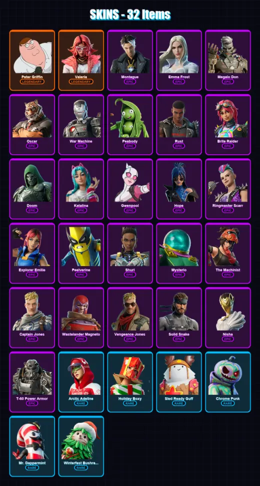 [PC/PSN] | Peter Griffin | Valeria | Montague | Emma Frost | Megalo Don | 32 skin | 45 pickaxe | 33 emote | 43 glider | Lv675