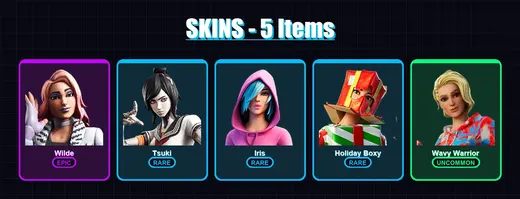 [PS4/PS5/XBOX/PC] | Wilde | Tsuki | Iris | Holiday Boxy | Wavy Warrior | 5 skin | 7 pickaxe | 11 emote | 11 glider | Lv181