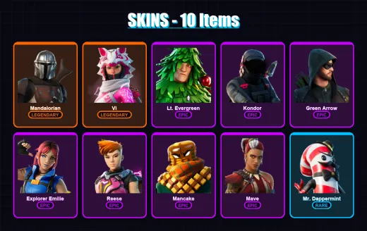 [PS4/PS5/XBOX/PC] | Mandalorian | Vi | Lt. Evergreen | Kondor | Green Arrow | 10 skin | 10 pickaxe | 11 emote | 12 glider | Lv170
